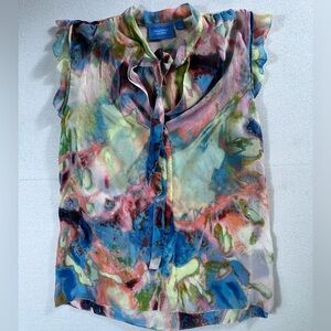 Simply Vera Vera Wang Watercolor Semi-Sheer Ruffle Tie Neck Blouse Small